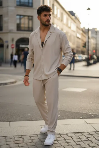 Trening barbati slim fit cream , Pantaloni + Bluza C400 34-3.3